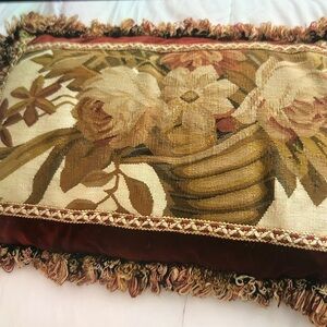 Decorative Floral Tapestry Accent Pillow in Gold, burgundy and Cream